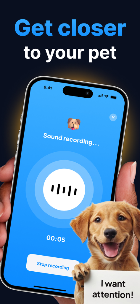 Dog & Cat Translator. - Pantalla de smartphone que muestra la aplicación Traductor de Perros y Gatos grabando el sonido de una mascota con un cachorro sosteniendo un cartel.