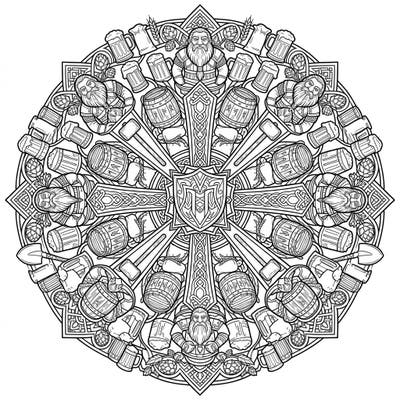 Discover an enchanting Dwarf Brewers Mandala coloring page, celebrating the legendary art of dwarven brewing. This intricate, symmetrical design features bearded brewers, barrels, and hops, offering a delightful challenge for all coloring enthusiasts.