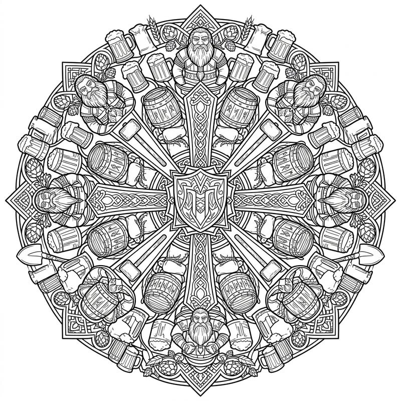 Discover an enchanting Dwarf Brewers Mandala coloring page, celebrating the legendary art of dwarven brewing. This intricate, symmetrical design features bearded brewers, barrels, and hops, offering a delightful challenge for all coloring enthusiasts.