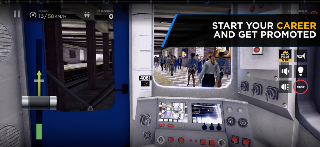 Interior view of a subway train cockpit with controls and a station platform visible through the window