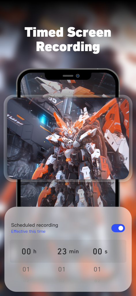 Super Screen Recorder: Full HD - Timed screen recording setting interface in Super Screen Recorder app showing a scheduled recording timer over gameplay.