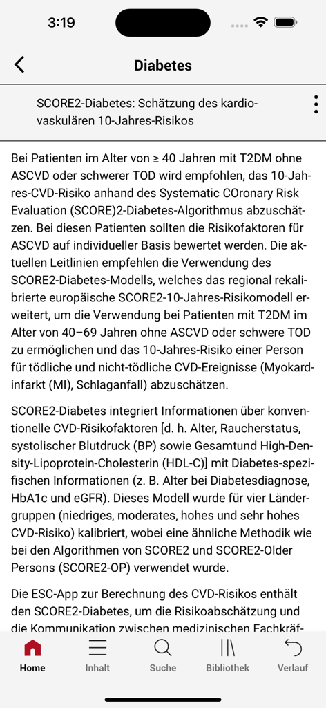 DGK Pocket-Leitlinien - Mobile app screen displaying cardiovascular risk assessment guidelines for diabetes patients.