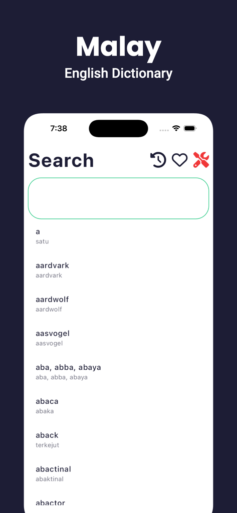Malay Dictionary - Dict Box - Search screen of the Malay English Dictionary app showing a list of English words and their Malay translations