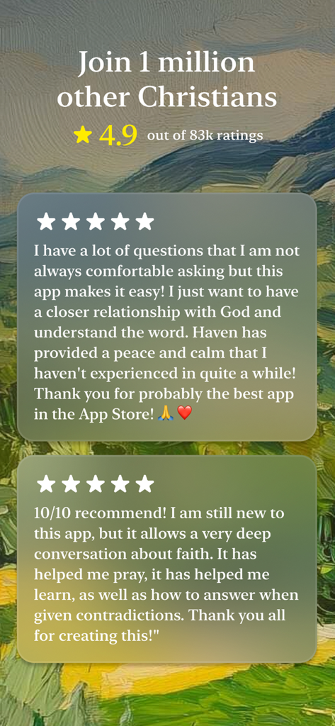 Screenshot of positive user reviews and high star ratings for the Haven Bible Chat app