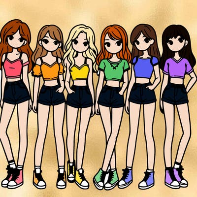 a group of girls wearing crop tops and shorts