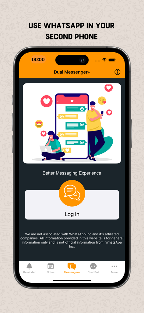 Dual Messenger+ - Dual Messenger Plus app interface for using WhatsApp on a second phone with a login button and messaging features