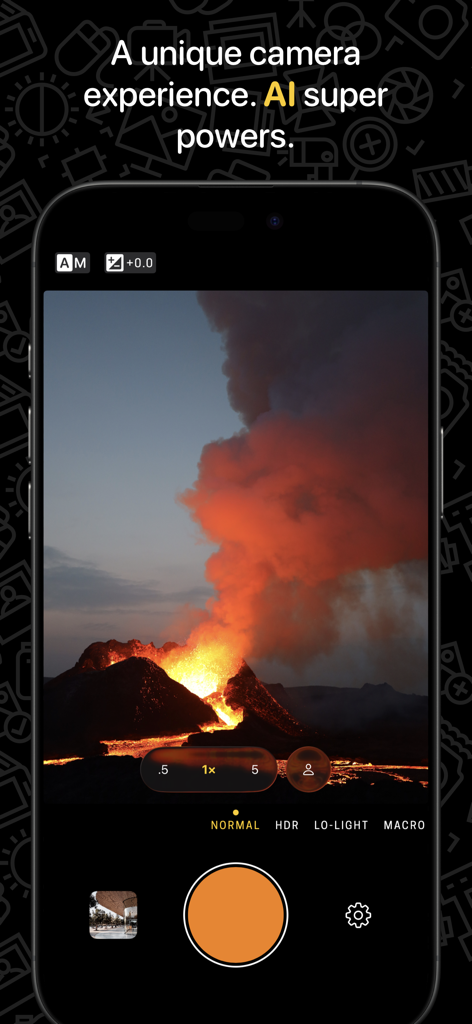 Hydra 2 › AI Camera: RAW + HDR - Interfaz de la aplicación de cámara IA Hydra 2 capturando una dramática erupción volcánica con controles profesionales.