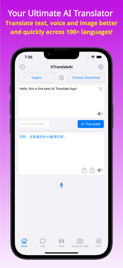XTranslate AI - XTranslate AI mobile app interface showing a text translation from English to Chinese