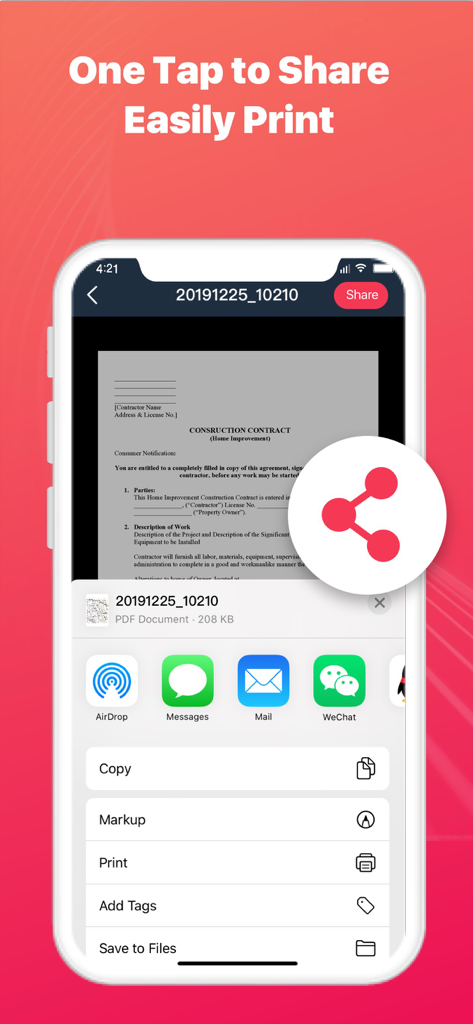 Text Scanner - Image to Text - Smartphone-Bildschirm, der Optionen zum Teilen und Drucken eines Dokuments für einen gescannten Vertrag zeigt