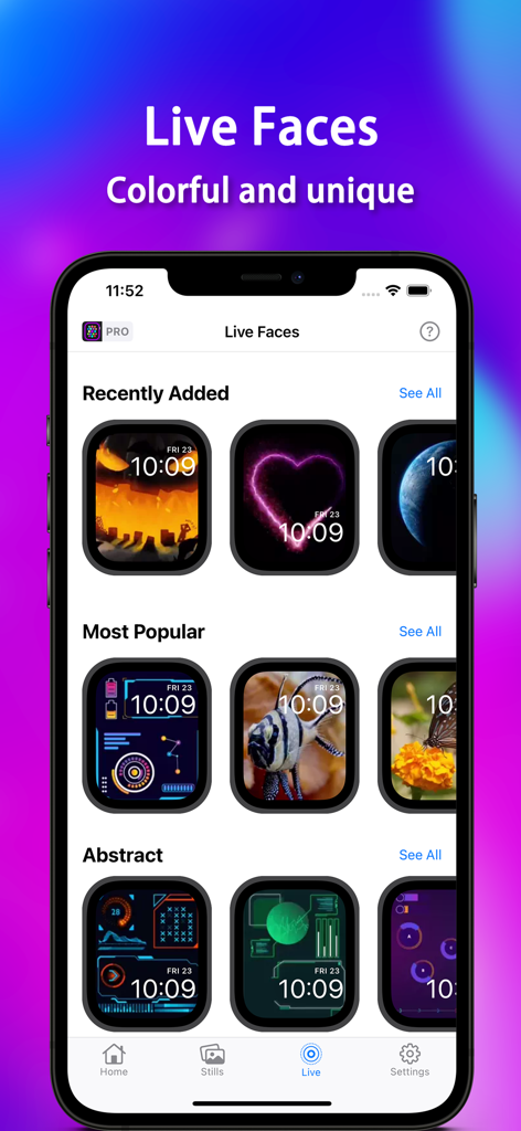 Watch Faces Pro - UltraFace - Watch Faces Pro app interface showing a variety of live and colorful Apple Watch faces in a curated gallery