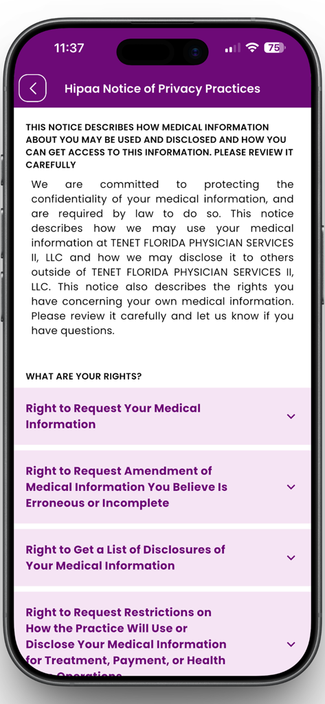 The Paley Orthopedic & Spine - La pantalla del Aviso de Prácticas de Privacidad de HIPAA en la aplicación Paley Orthopedic and Spine que detalla los derechos del paciente y la confidencialidad de la información médica.