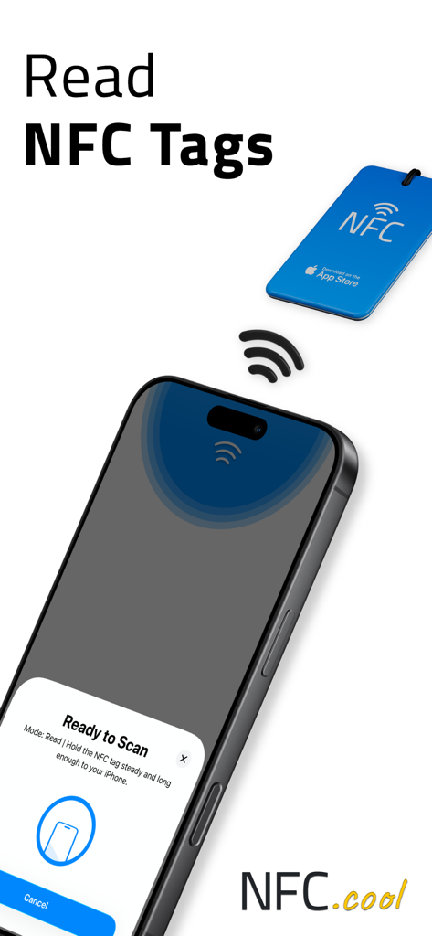 NFC.cool Tools Tag Reader - Una pantalla de iPhone que muestra una notificación Lista para escanear al acercarse a una etiqueta NFC azul