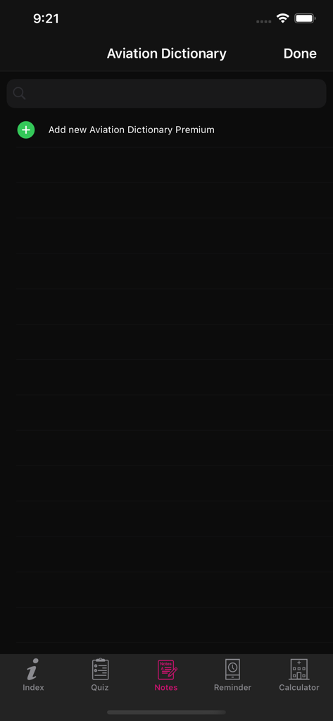 ADP- Aviation Dictionary Prem - Interface of the Aviation Dictionary Premium app showing the notes section and bottom navigation bar