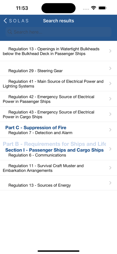 Schermata dei risultati di ricerca nell'app SOLAS Consolidato che visualizza le normative sulla sicurezza marittima.