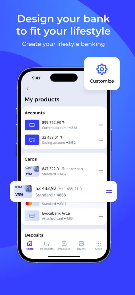 Converse Mobile - Converse Mobile app interface showing a summary of banking products including accounts and cards with a customization option