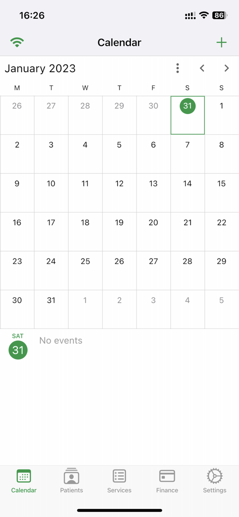Dentist Book - Monthly calendar view in the Dentist Book app for scheduling dental appointments