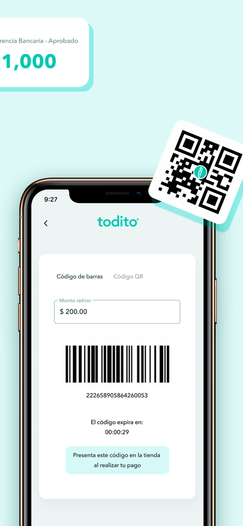 Todito - Todito mobile app interface showing a barcode and QR code for in-store payments and cash withdrawals