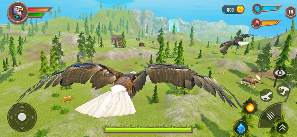Real Eagle Simulator Bird Game - A bald eagle flying over a lush 3d mountain landscape and forest in the eagle simulator game