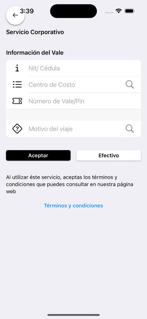 Tax Individual Pasajero - Tax Individual Pasajero app corporate service screen for entering voucher details and cost center information