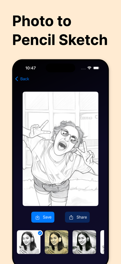 ポートレート写真を詳細な白黒鉛筆スケッチアートに変換するアプリインターフェースが表示されたiPhone画面