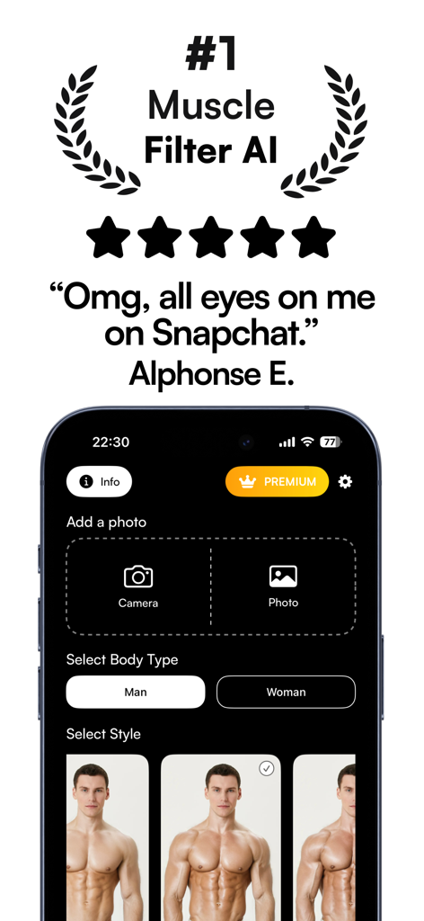 AI Muscle Filter - Gigabody - Interface of the AI Muscle Filter app showing body type selection and muscle enhancement styles.