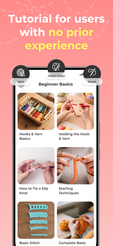 Yarnmate app showing a structured list of beginner basics tutorials for knitting and crochet