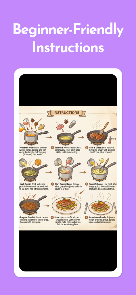 Una pantalla de aplicación móvil titulada Instrucciones para principiantes que muestra una guía de recetas visual de nueve pasos con ilustraciones para un plato glaseado de cítricos.