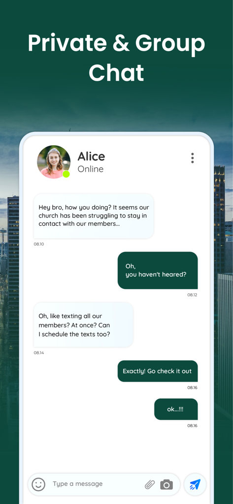 GPS Phone Locator and Tracker - Interface showing the private and group chat feature in the FamilyConnect mobile app
