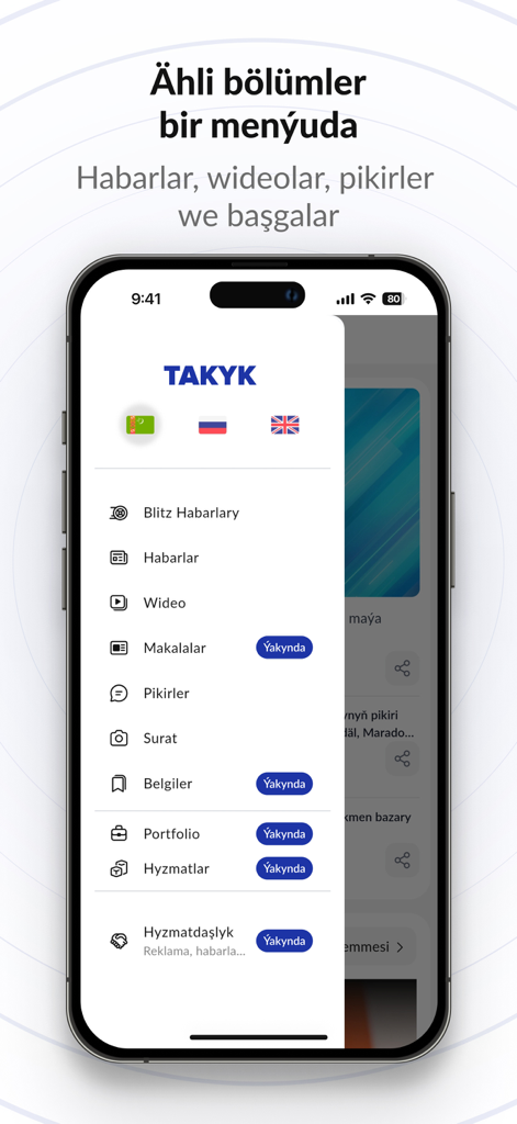 A mobile screen showing the Takyk app side menu with various categories and language selection flags for Turkmenistan, Russia, and the UK.