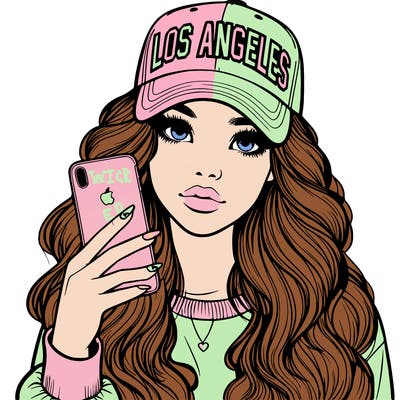 realistic beautiful girl wearing los ángeles cap holding an iphone