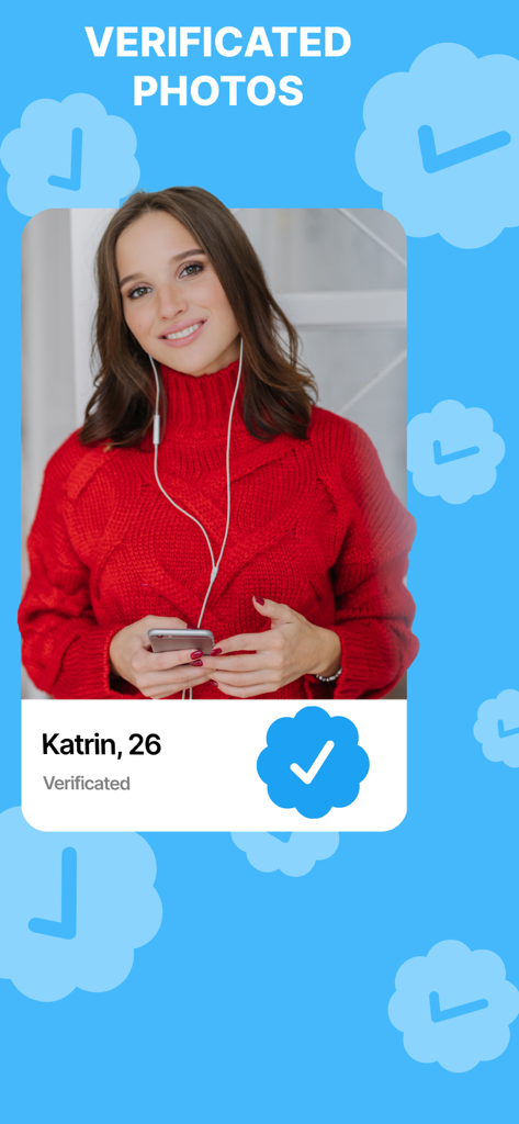 A verified user profile on the Wamba dating app featuring a woman named Katrin with a blue checkmark badge