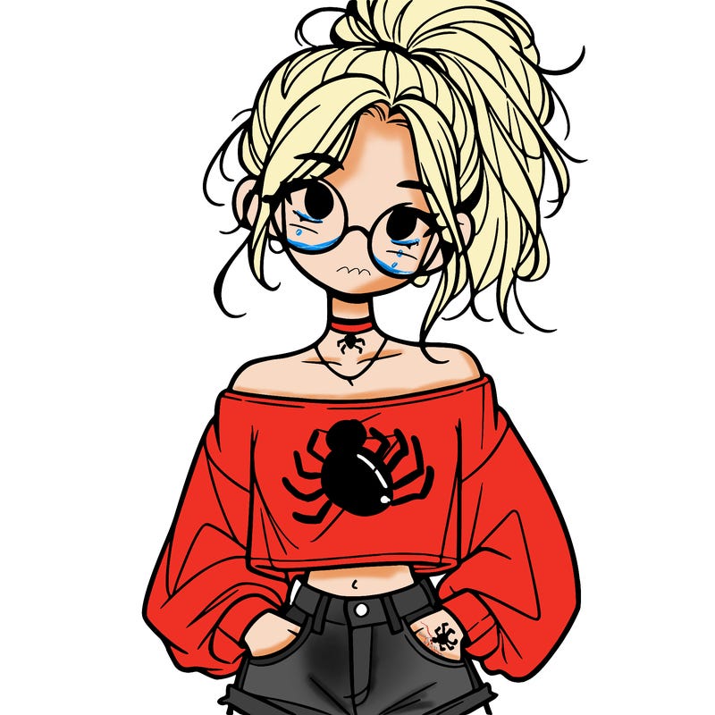 girl with a messy ponytail glasses a baggy crop top and jean shorts