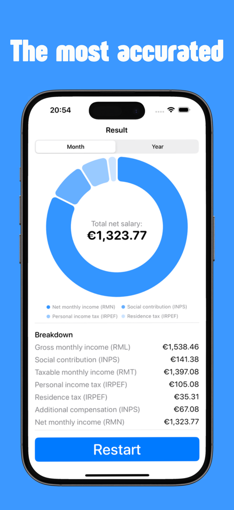 Salary: Paycheck calculator - Pantalla de la aplicación móvil que muestra un desglose detallado del salario neto para Italia con un gráfico circular