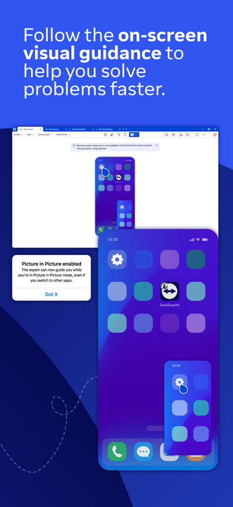 iPhone screen showing TeamViewer QuickSupport with on-screen visual guidance and picture-in-picture mode enabled for remote troubleshooting