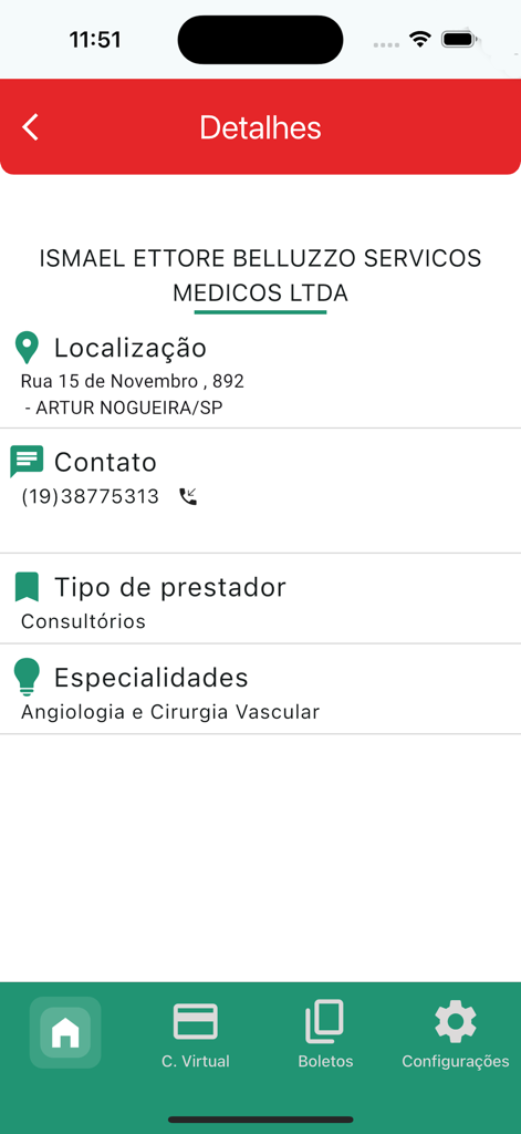 Saúde Beneficência - Captura de pantalla de la app Saude Beneficencia que muestra detalles de un proveedor médico, incluyendo dirección, información de contacto y la especialidad de cirugía vascular.