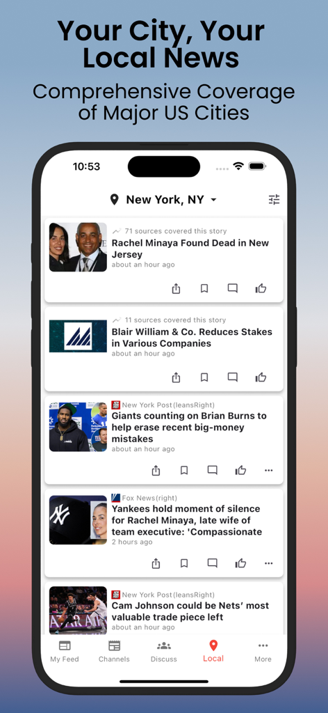 Interfaz de la aplicación LetMeKnow que muestra noticias locales de Nueva York con etiquetas de sesgo de fuentes