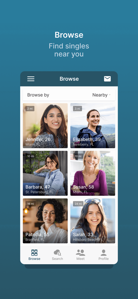 Sober Dating Service App - Browse screen of the Sober Dating Service app showing profiles of sober singles nearby.