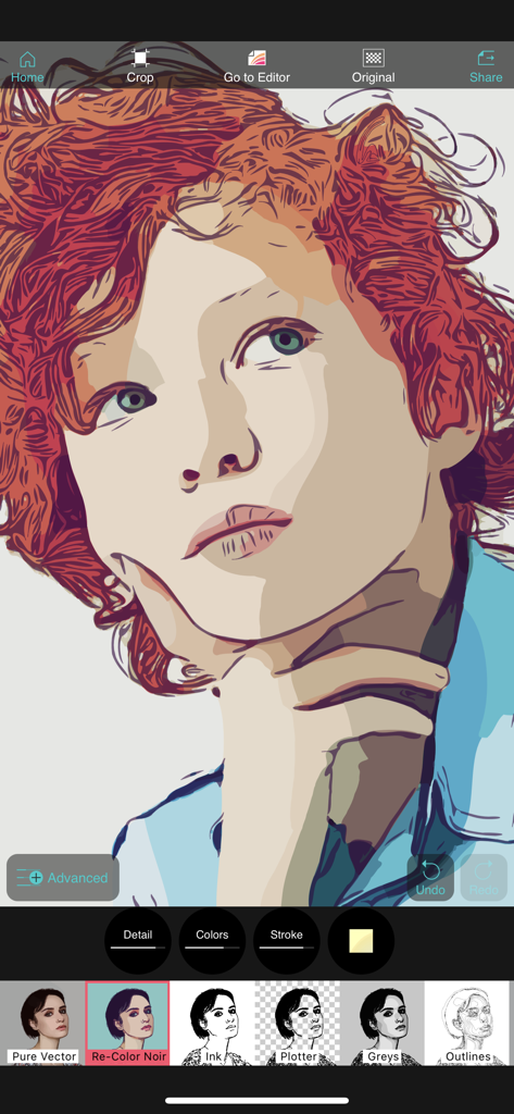 Vector Q by Imaengine - Vector Q mobile app interface displaying a vectorized portrait with creative filters and editing tools