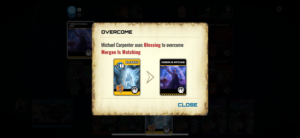 Dresden Files Co-op Card Game - A gameplay screenshot of the Dresden Files Co-op Card Game showing Michael Carpenter using a Blessing card to overcome a challenge.