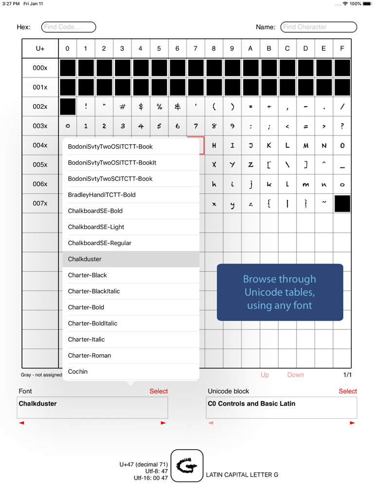 Interface do Visualizador de Fontes Unicode mostrando uma grade de caracteres e menu de seleção de fonte no iPad.