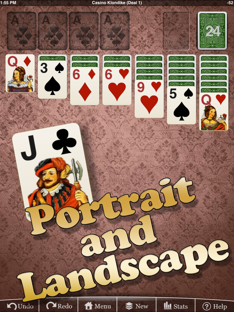 Captura de pantalla de la jugabilidad de Erics Klondike Solitaire HD Lite que muestra su compatibilidad con la orientación vertical y horizontal.