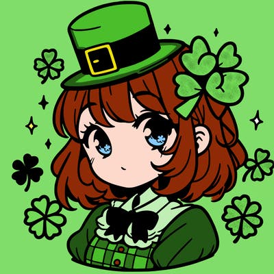a manga-style girl with clovers around her, a little hat in her hair, like it's saint patrick's day