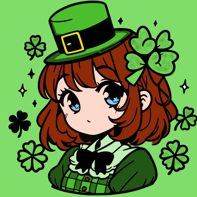 a manga-style girl with clovers around her, a little hat in her hair, like it's saint patrick's day
