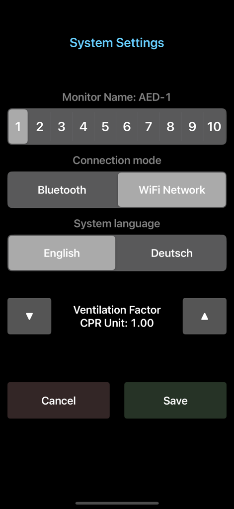 Medical Rescue Sim AED Remote - Menu delle impostazioni di sistema per il simulatore DAE remoto che mostra le opzioni di connessione e lingua.