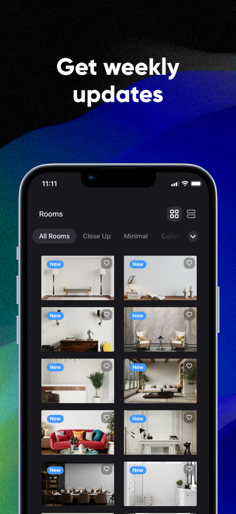 Smartphone-Bildschirm, der die Smartist App-Raumgalerie mit neuen Innendesign-Vorlagen zeigt.