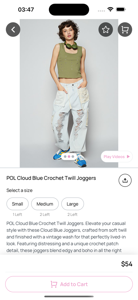 Off The Branch - A product detail page on the Off The Branch mobile app showing a model wearing POL Cloud Blue Crochet Twill Joggers with size options and add to cart button.