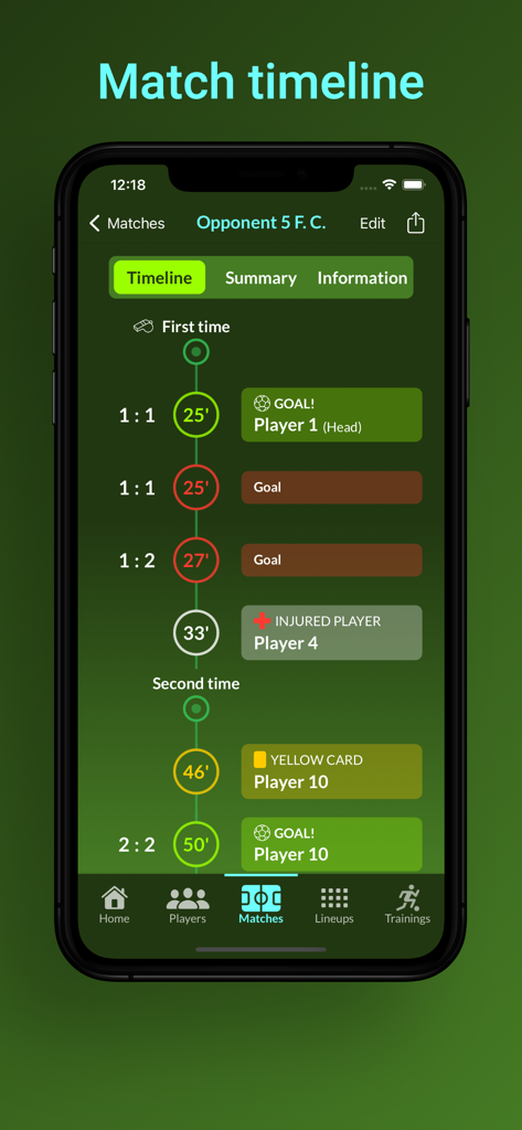 Football Coach Manager - Una interfaz de aplicación móvil que muestra una línea de tiempo de partido de fútbol con goles, tarjetas y lesiones rastreadas por minuto.