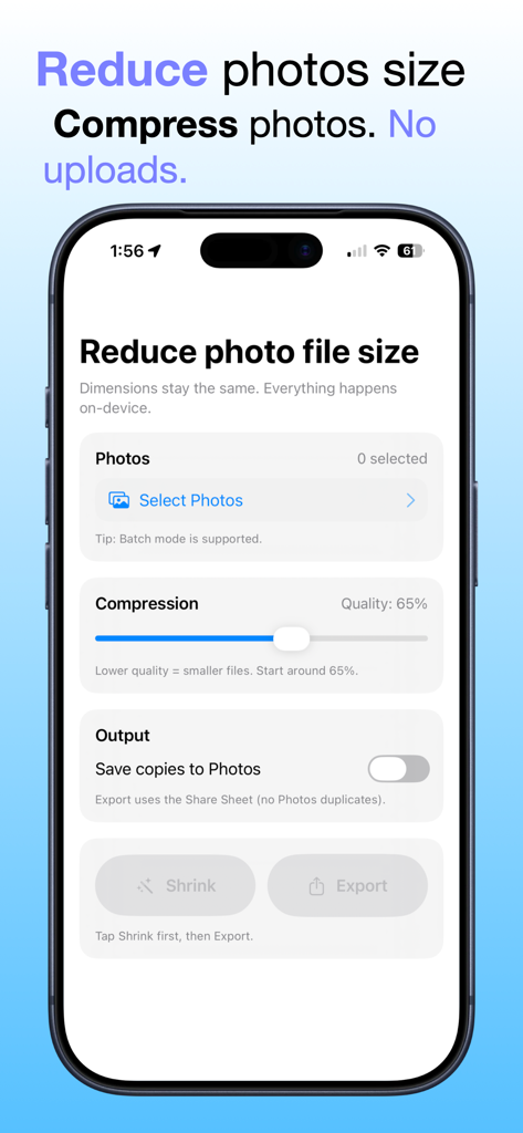 Shrink Photo Size - Interface of the Shrink Photo Size app showing options to select photos and adjust compression quality