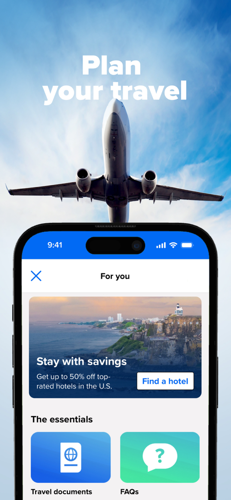 Royal Caribbean International app interface showing travel planning features including hotel savings and travel documents