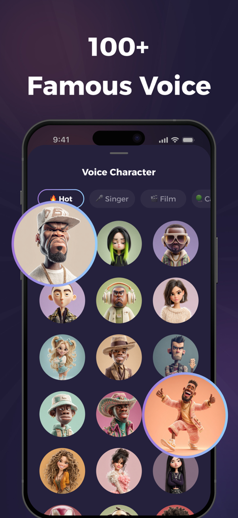 Voice FX: AI Voice Changer - A grid of stylized celebrity avatars for AI voice selection in a mobile app interface.